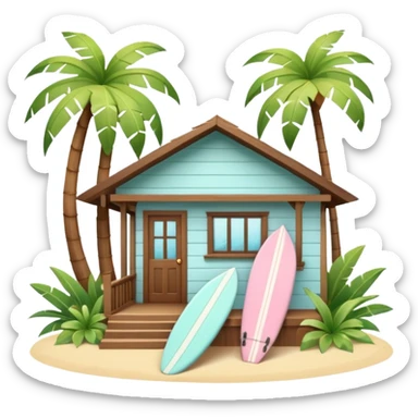 Hawaiian bungalow house, pastel colors, wooden porch, surfboard leaning on wall, palm leaves, tropical vibe, cute mobile game icon style, 3D cartoon, clean background, no text
 sticker