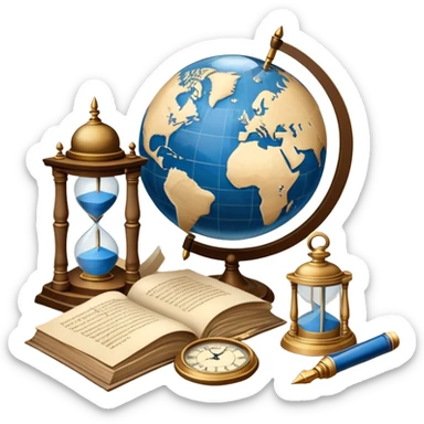 An icon featuring ancient scrolls, a quill pen, and large, old-fashioned sand clocks, symbolizing the study of history. The design includes a globe and a timeline with significant historical events, set against ruins to evoke past civilizations. Transparent background highlights the passage of time. sticker