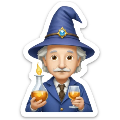 Albert Einstein, wearing wizard hat custome, with glas vase sticker
