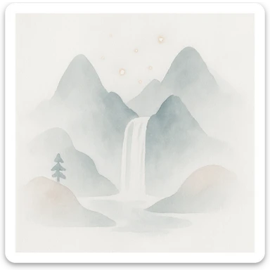 mystical mountain landscape with a waterfall and magical lights, watercolor fantasy style sticker