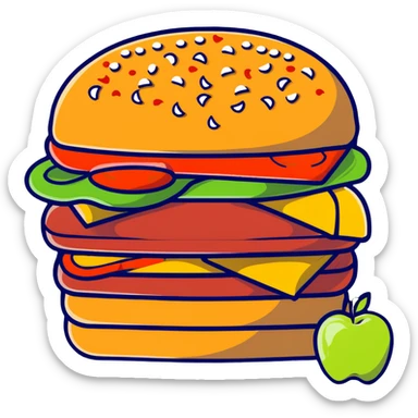 A burger with pizza toppings, french fries sticking out the sides, and apple slices as garnish sticker