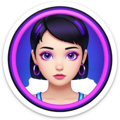 Emoji estilo anime cyberpunk: garota com cabelo curto preto, olhos roxos expressivos, expressão confiante, argolas grandes, pele iluminada por neon azul e rosa, visual moderno e vibrante, cores fortes e estilo futurista simplificado. sticker