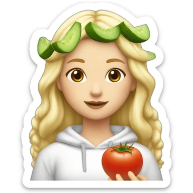 blonde girl  eating  cucumber and tomatoes with white hoodie iridescent and a crown princess sticker