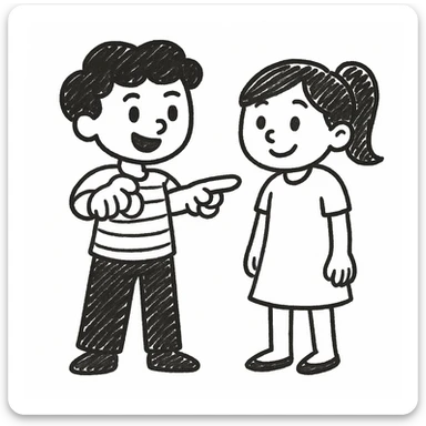 Edit the image of the little boy in the doodle style, keeping the character details exactly the same, but now have him pointing at a girl next to him. Maintain the doodle style look and feel. sticker