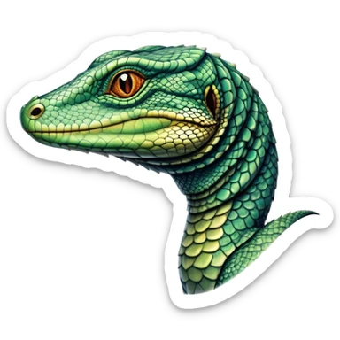 Cinematic Noble Monitor Lizard Portrait Emoji, Poised and regal, with a robust, scaled body exhibiting striking, mottled patterns and piercing, alert eyes, Simplified yet sharp and sophisticated features, highly detailed, glowing with a soft, earthy glow, high shine, intelligent and formidable, stylized with an air of ancient wilderness, focused and commanding, soft glowing outline, capturing the essence of a watchful and confident reptilian guardian that appears ready to stride out of the screen with effortless authority! sticker