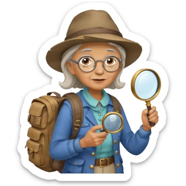 Explorer old woman with hat and magnifying glass and backpack, portrait sticker