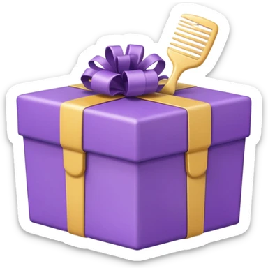 Kawaii emoji illustration of a purple gift box with a comb inside, chubby proportions, glossy finish, pastel colors, soft shading, adorable style, simple and clean design, transparent background sticker