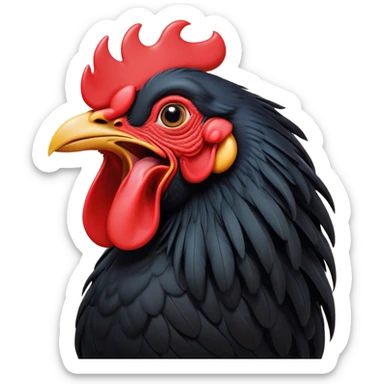 Cinematic Cute Yawning Black Rooster Portrait Emoji, Head tilted slightly with a dramatic, wide-open yawn, showcasing a soft, downy black plumage with a crisp red comb and drooping wings, round eyes barely open in drowsy contentment, Simplified yet irresistibly adorable features, highly detailed, glowing with a soft, cozy glow, high shine, relaxed yet expressive, stylized with a touch of whimsy, bright and endearing, soft glowing outline, capturing the essence of a sleepy yet affectionate rooster, so drowsy it feels like it could stretch out of the screen and curl up for a nap! sticker