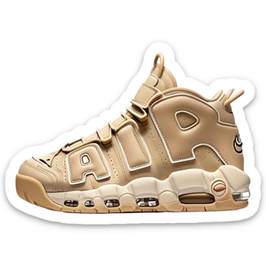 A pair of beige Nike Air More Uptempo sneakers in iOS emoji style, with left and right shoes positioned with one slightly behind the other, featuring minimalist design with the iconic AIR lettering on sides sticker