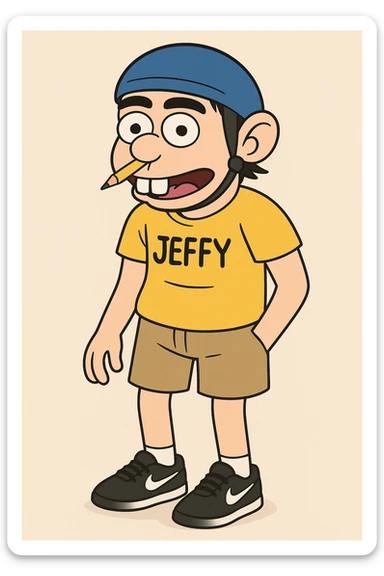 20-year-old boy with a blue helmet, pencil on his nose, bunny teeth, yellow shirt with text 'JEFFY', black Nike shoes, black eyebrows, cartoon style, fun and quirky look sticker