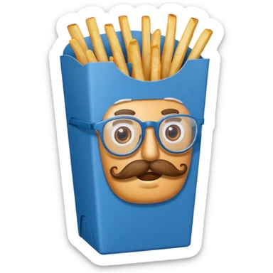 long slim crispy fries in a blue carton, carton has eyes and mustache and glassess sticker