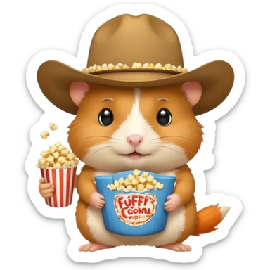 orange hamster holding pop corn, with cowboy hat sticker