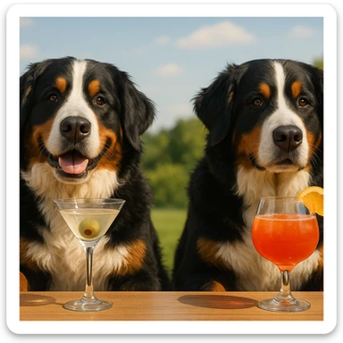 two Bernese mountain dogs with cocktail glasses, enjoying drinks, wide scene, 1950x640 sticker