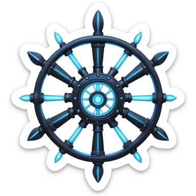 A Discord emoji of a black iron mechanical propeller or anchor with glowing blue energy lines. Steampunk-gothic fusion, high visibility, white background. sticker