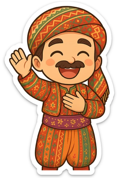 Create a cartoon Kurdish sticker in the same style and mood as the reference image: a happy and smiling face, traditional Kurdish clothing, colorful and cheerful, no text, suitable for WhatsApp and Instagram, with a transparent background. The character should be in a greeting pose with hand raised or hand on chest. sticker