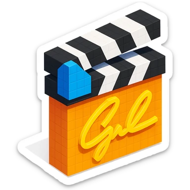voxel style movie clapperboard with a gold director's signature, isometric view sticker