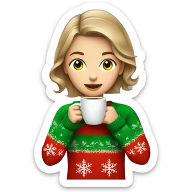 Light brown short haired girl with green eyes drinking coffee wearing red Christmas sweater sticker