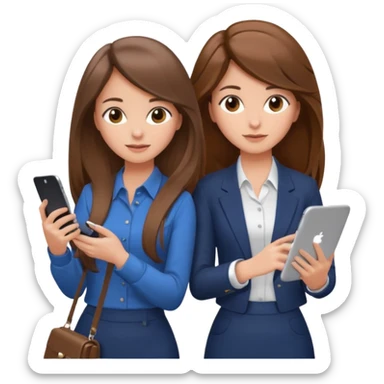 two brown haired girls, looking professional maybe leaned back on back and looking forward and using phones, with longer hair and with some cute clothes without ties, blowout hair, one girl can hold lap top athoer one can hold the phone sticker