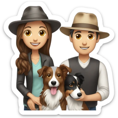 family group of two consisting of man in hat and woman with long hair in ponytail and small border collie dog sticker