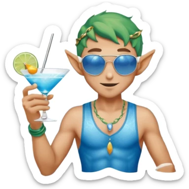 elf male in stylish blue swim trunks, palm extended over cocktail glass, conjuring swirling frost and mist to chill it, silver aviator sunglasses, pointy ears, confident smirk, minimalist beach bar backdrop, centered emoji, summer magic sticker