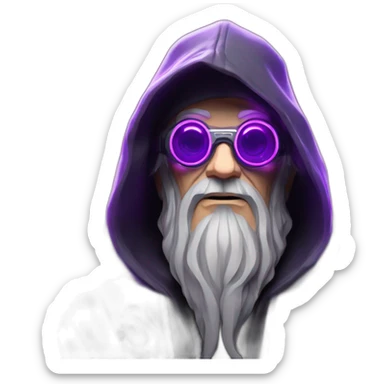 Gandalf wearing a black hoodie with "OMG" letters on it and VR headset in a cyberpunk VR environment with violet neon lighting. sticker