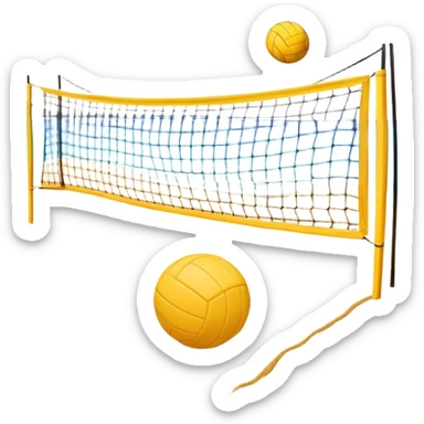The scene captures the relaxed yet competitive vibe of beach volleyball, with warm sunlight and the natural beauty of the beach. A volleyball resting on the yellow sand on a beach, with the net in the background and a scenic view of the ocean and sky.  sticker