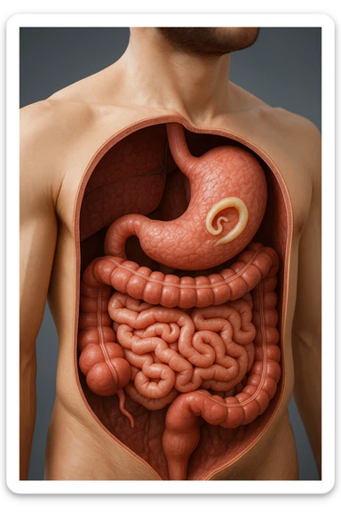 a 3D cutaway view of the human digestive tract, showing an Anisakis larva attached to the stomach or intestinal wall. in a man sticker