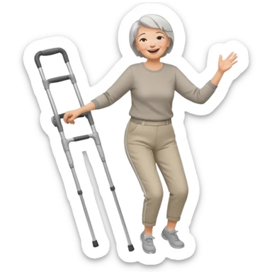 senior woman with pants, short grey hair, laughing and dancing th crutches sticker