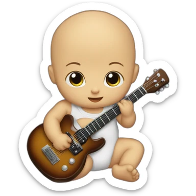 a 1-year-old baby bald in diapers playing a mini guitar sticker