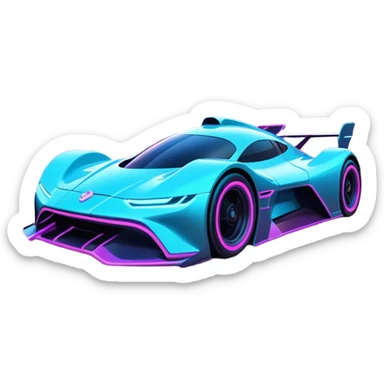 A futuristic racing car with glowing neon lights, sleek aerodynamic design, and a cyberpunk cityscape in the background. The car is speeding through a neon-lit street with high-tech buildings and holograms." sticker