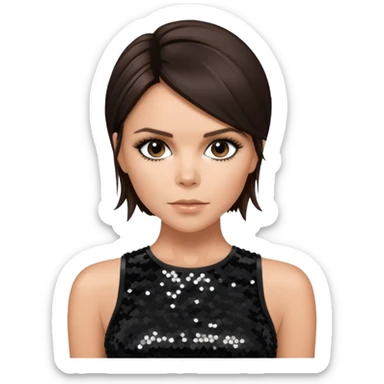 Victoria Beckham with dark brown hair, black sequin crop top sticker