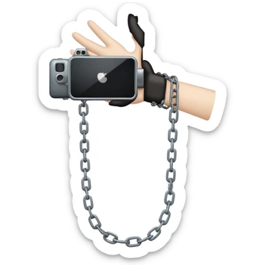 Minimalist emoji-style sticker of a human hand bound by a chain leading to a video camera. Icon-like, clean silhouette, muted tones. sticker