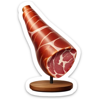 _cinematic-realistic-spanish-ham-leg,-depicted-as-a-massive,-cured-leg-of-jamón-serrano-(ham)-with-a-deep-reddish-brown-hue on the outside,-intricately-marbled-and-slightly-glossy-with-age,-elegantly-displayed-on-a-rustic-wooden-stand-and-bathed-in-warm sticker