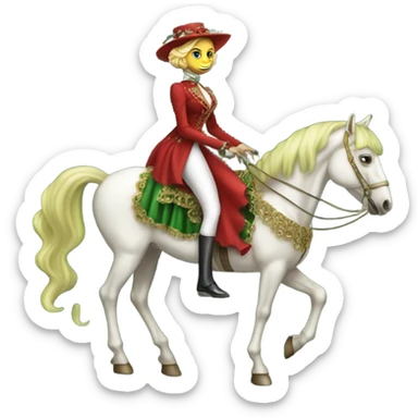 "galora green blonde alien woman" in red Victorian elegant dress, full body, rides "horse gold and white"
 sticker