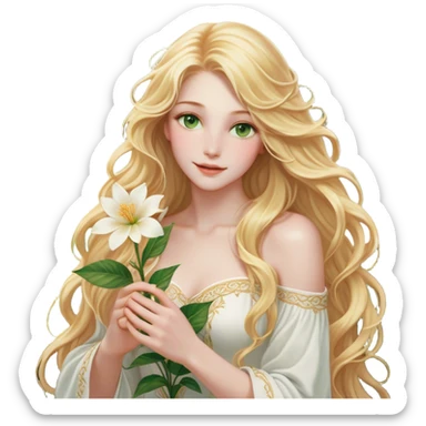 Cinematic Realistic Rapunzel Portrait, with porcelain-like skin featuring a subtle, natural glow, illuminated by soft lighting that brings out the gentle contours of her face. Her long, golden blonde hair cascades in detailed waves, each strand highlighted with a radiant shimmer as it catches the light. She playfully holds a flower in one hand, her other hand resting casually in her lap, with a warm and spirited expression. Her bright, expressive green eyes exude curiosity and warmth, framed by delicate lashes and soft, arched brows. She is dressed in her classic lavender and pink gown, the fabric textured with delicate folds that flow naturally, catching the light with a soft, radiant glow. The portrait captures a luminous, enchanting aura, seamlessly blending realism with a whimsical, fairytale charm, evoking a timeless sense of beauty and magic. sticker