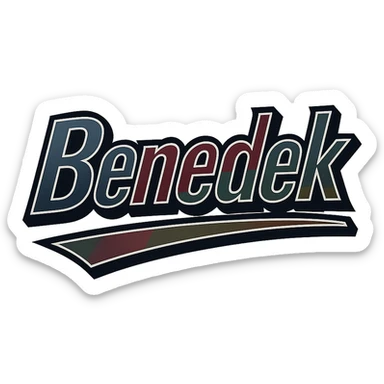 Text design of the name 'Benedek' in a masculine, modern, gradient font with dark contour and thin white edging, dynamic slanted underline, masculine color shades including blue, gray, burgundy, green, and brown, 1000x1000 px, PNG, transparent background, in the style of the uploaded Attila sample. sticker