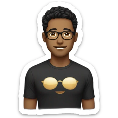 Light Brown guy, black wavy hair, no facial hair, transparent round glasses, black t shirt sticker