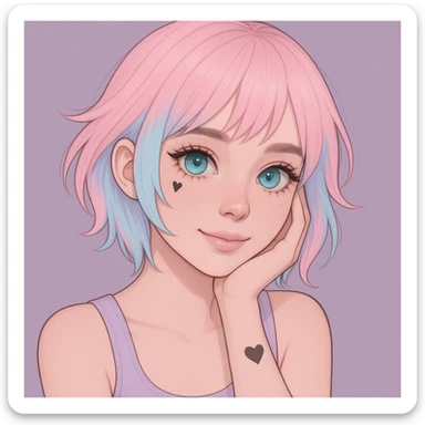 Make the pastel emo profile picture with a heart accent more expressive, keeping it cute and minimal, in the style of imagen-4-fast-KaUtLiSA10F. Enhance expressiveness while preserving the pastel emo aesthetic and heart accent, maintaining a minimal and cute look. sticker