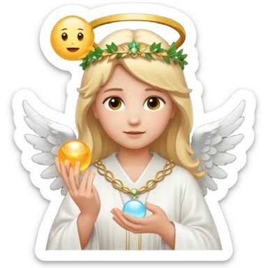 Emoji-style angel: blonde hair, laurel crown, halo, white wings, white robe, glowing orb, soft cute emoji look. sticker
