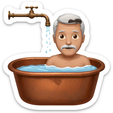 Man with grey hair and grey beard in old copper bath with water running from taps sticker