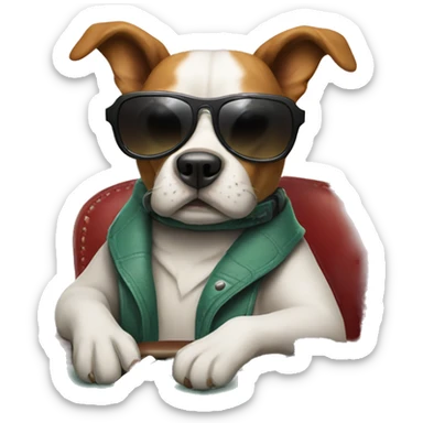 Dog playing poker at poker table, wearing shades, holding 2 cards sticker