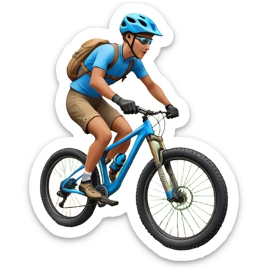 An icon featuring a mountain bike with thick tires on a rugged trail. The background showcases a breathtaking mountain landscape with green slopes, rocky peaks, and a bright blue sky. A cyclist in a helmet rides downhill, kicking up dust.  Transparent background emphasizes adventure and speed sticker