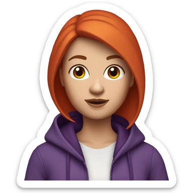 memoji of a woman with a laptop in front, 
apple-style,
modern,
red hair,
purple zip-hoodie,
computer in hand, 
white skin, 
an avatar image gonna be round  sticker