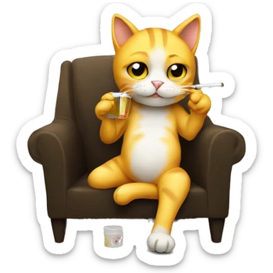 a cat drinking cigarette chibi. yellow cat black background sit on chair  sticker