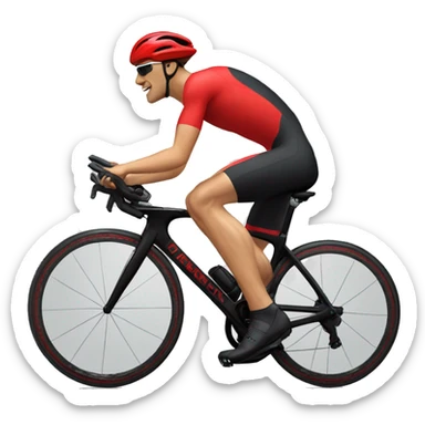 27 year old male with light brown hair riding a red triathlon bike. He is wearing a black helmet, black triathlon suit with red accents and black shoes sticker