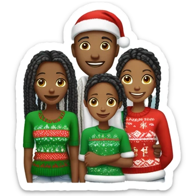 Black family of four members with Dad, Mom, Son, and Daughter. The Son and Daughter are teenagers. The Mom has braids. The Dad is light skinned.All family members are wearing Christmas sweaters and Santa hats.  sticker