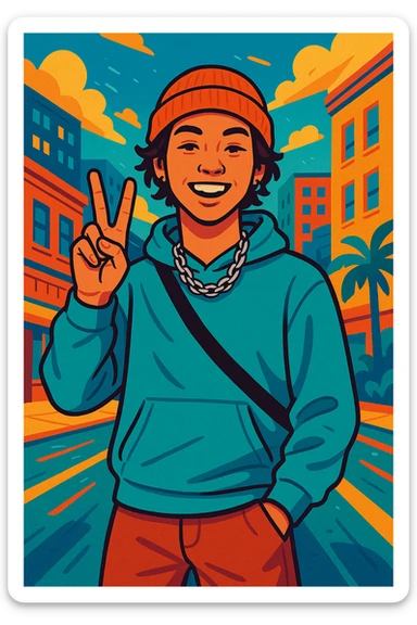 gender-neutral young person, Gen Z style, flashing a peace or victory sign sticker