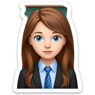 high school class room with a blackboard, with a pretty female high school student with long brown hair, blue eyes, wearing a tie sticker