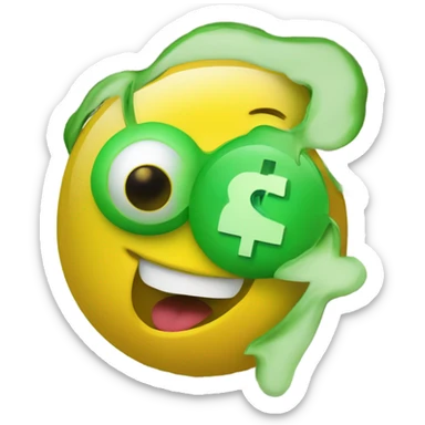 a yellow face with dollar signs for eyes and a green tongue sticking out with a dollar sign on it. sticker