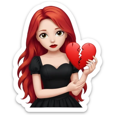  woman with long red hair and dark make up holding a broken heart in black dress sticker